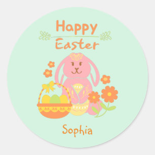 Happy Easter Pink Rabbit and Flowers Classic Round Sticker