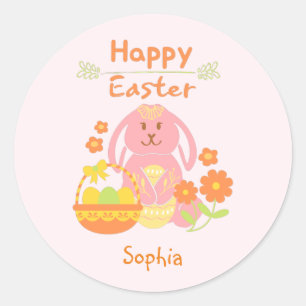 Happy Easter Pink Rabbit and Flowers   Classic Round Sticker