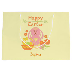 Happy Easter Pink Rabbit and Flowers  Large Gift B Bag