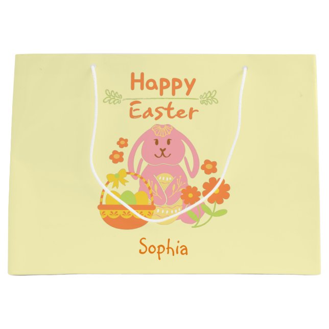 Happy Easter Pink Rabbit and Flowers  Large Gift B Bag (Front)