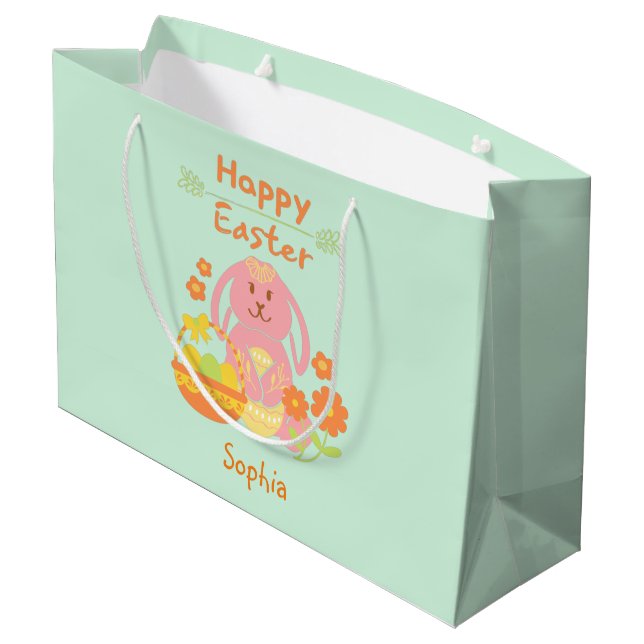 Happy Easter Pink Rabbit and Flowers Large Gift Ba Bag (Back Angled)
