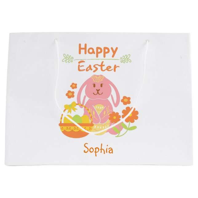 Happy Easter Pink Rabbit and Flowers Large Gift Bag (Front)