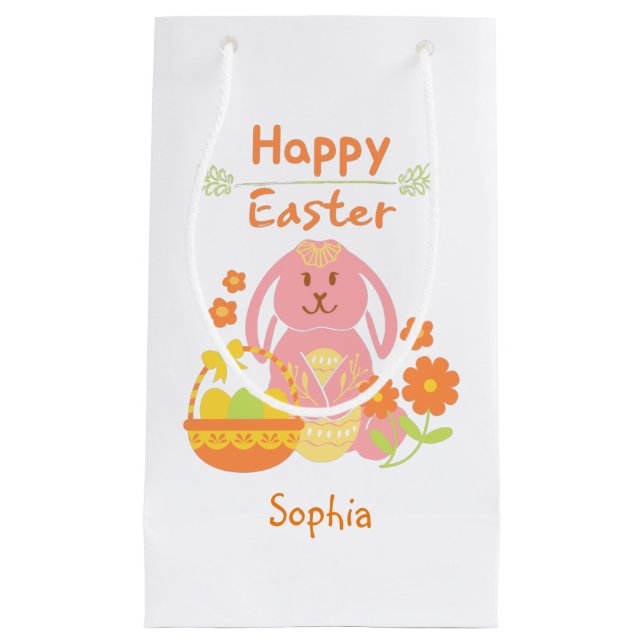 Happy Easter Pink Rabbit and Flowers Small Gift Bag (Front)