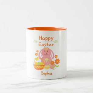 Happy Easter Pink Rabbit and Flowers Two-Tone Coffee Mug