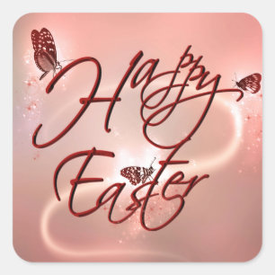 Happy Easter Pink Shades And Butterflies Square Sticker