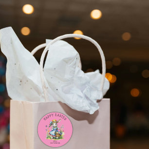 Happy Easter Pink Vintage Watercolor Bunny Eggs Classic Round Sticker