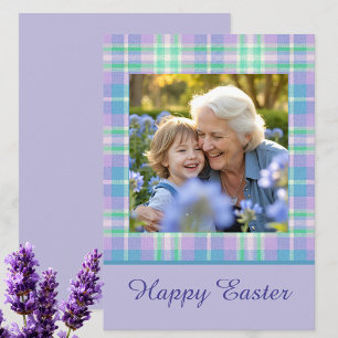 Happy Easter Plaid One Photo Purple Blue Pastel Holiday Card