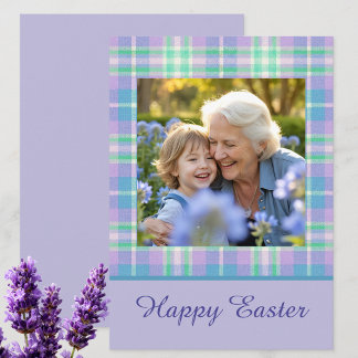 Happy Easter Plaid One Photo Purple Blue Pastel Holiday Card