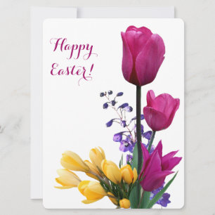 Happy Easter pretty pink tulips yellow floral  Holiday Card
