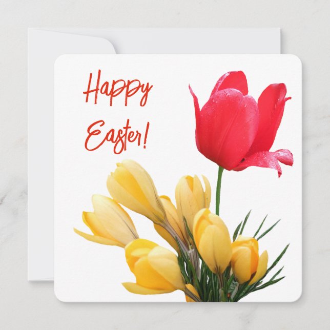 Happy Easter pretty yellow crocus red tulip love Holiday Card (Front)