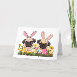 Happy Easter Pug Dogs Bunny Ears Holiday Card