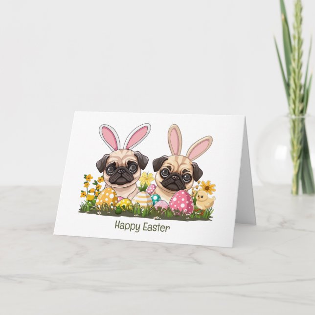 Happy Easter Pug Dogs Bunny Ears Holiday Card (Front)