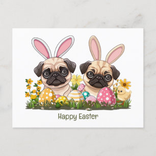 Happy Easter Pug Dogs Bunny Ears Postcard