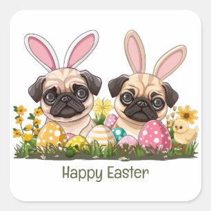 Happy Easter Pug Dogs Bunny Ears Square Sticker