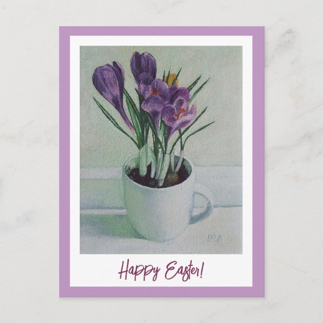Happy Easter purple crocuses vintage fine art  Postcard (Front)