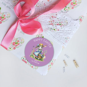 Happy Easter Purple Vintage Watercolor Bunny Eggs Classic Round Sticker