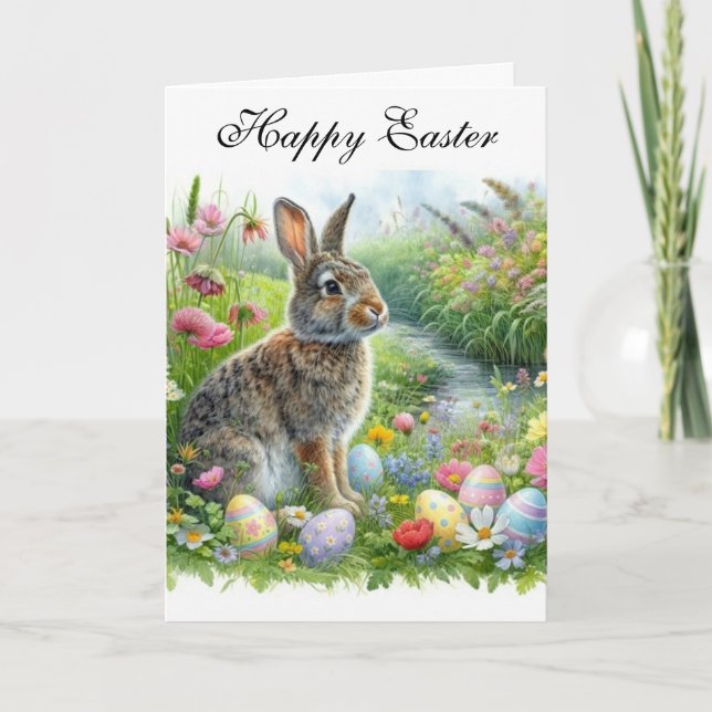 Happy Easter Rabbit and Holiday Eggs  Card (Front)
