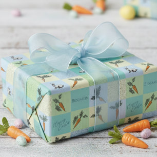 Happy Easter Rabbit & Carrot Squares Blue Pattern Wrapping Paper