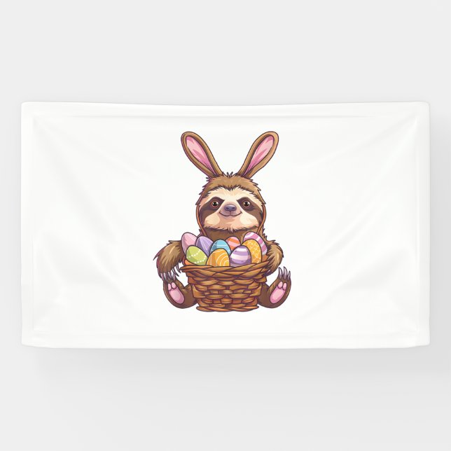 Happy Easter Rabbit Easter Eggs Basket Sloth Easte Banner (Horizontal)