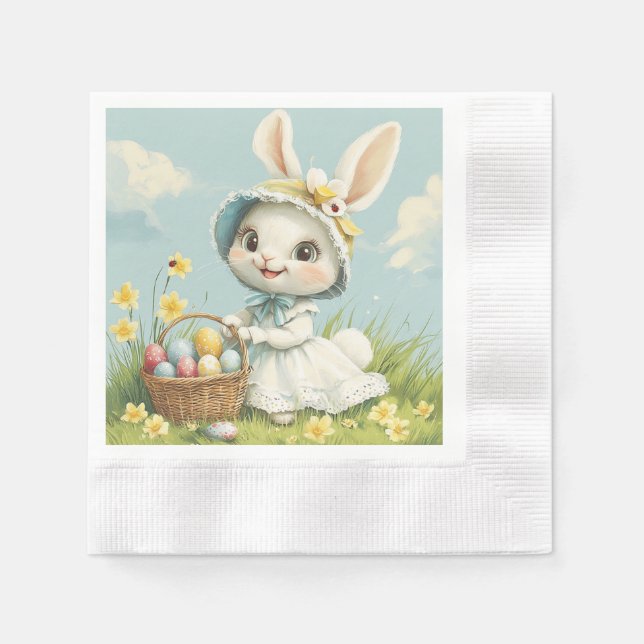 Happy Easter Rabbit Eggs Daffodils Butterflies  Napkin (Front)