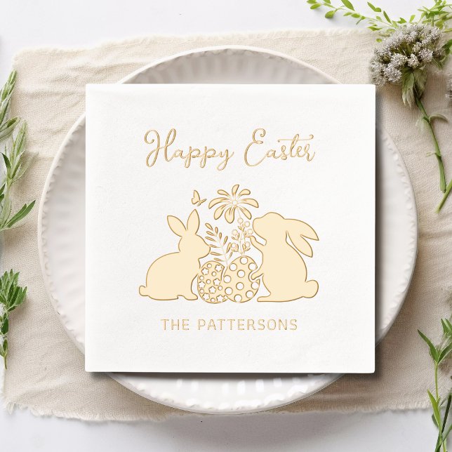 Happy Easter Rabbit Flowers Eggs Personalised Name Foil Napkins (Creator Uploaded)