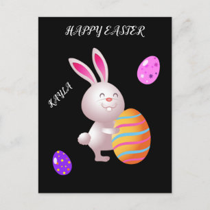 Happy Easter rabbit & striped egg postcard. Postcard