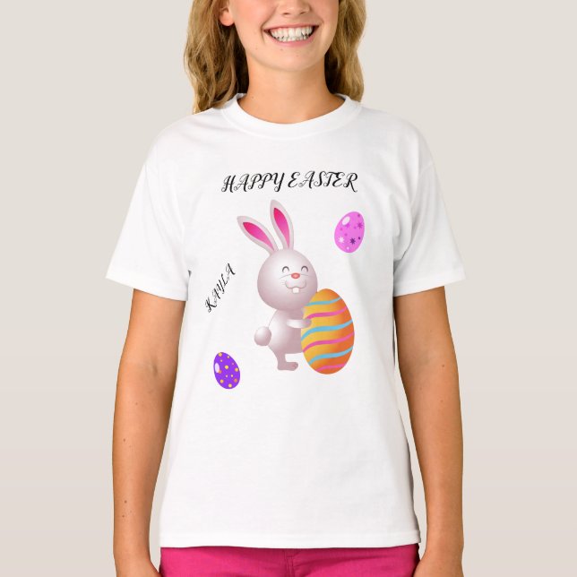 Happy Easter rabbit & striped egg toddler t-shirt. T-Shirt (Front)