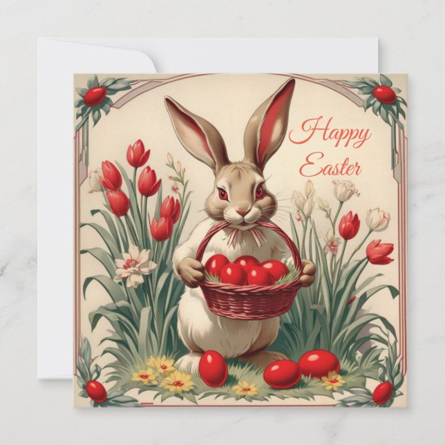 Happy Easter rabbit with basket of eggs Holiday Card (Front)