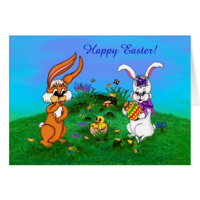 Happy Easter! Rabbit with Bunny and Chick (Front Horizontal)