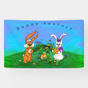 Happy Easter! Rabbit with Bunny and Chick Banner