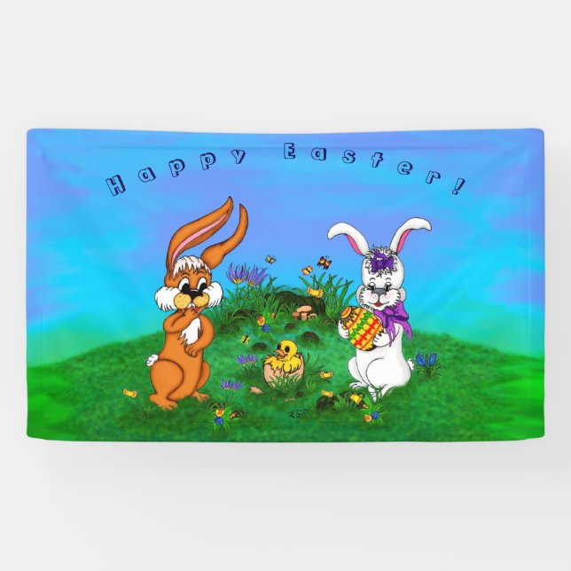 Happy Easter! Rabbit with Bunny and Chick Banner (Horizontal)