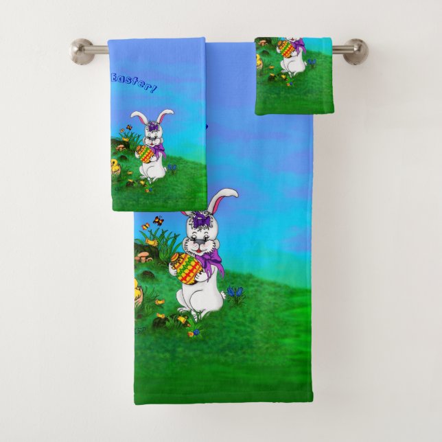 Happy Easter! Rabbit with Bunny and Chick Bath Towel Set (Insitu)