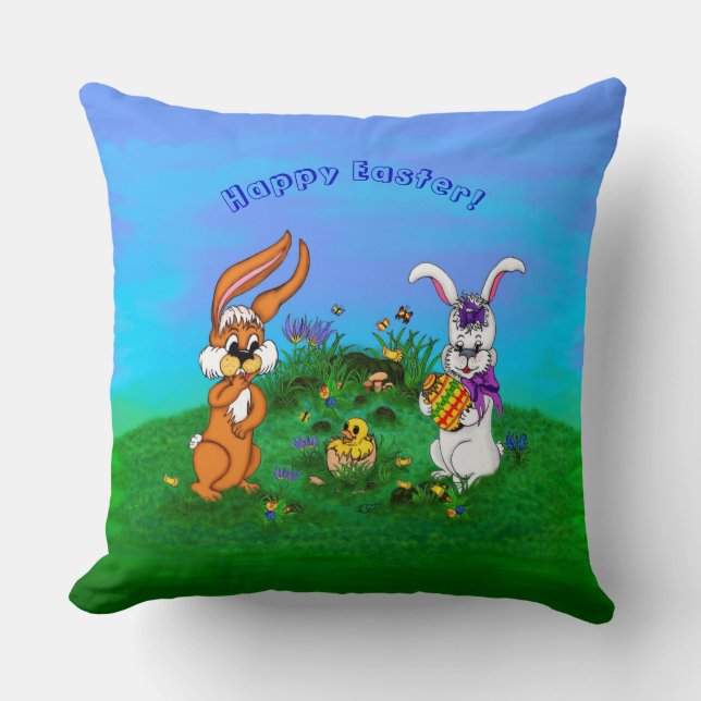 Happy Easter! Rabbit with Bunny and Chick Cushion (Front)