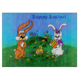 Happy Easter! Rabbit with Bunny and Chick Cutting Board