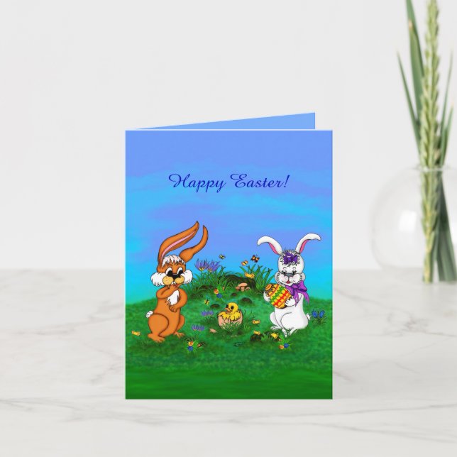 Happy Easter! Rabbit with Bunny and Chick Holiday Card (Front)