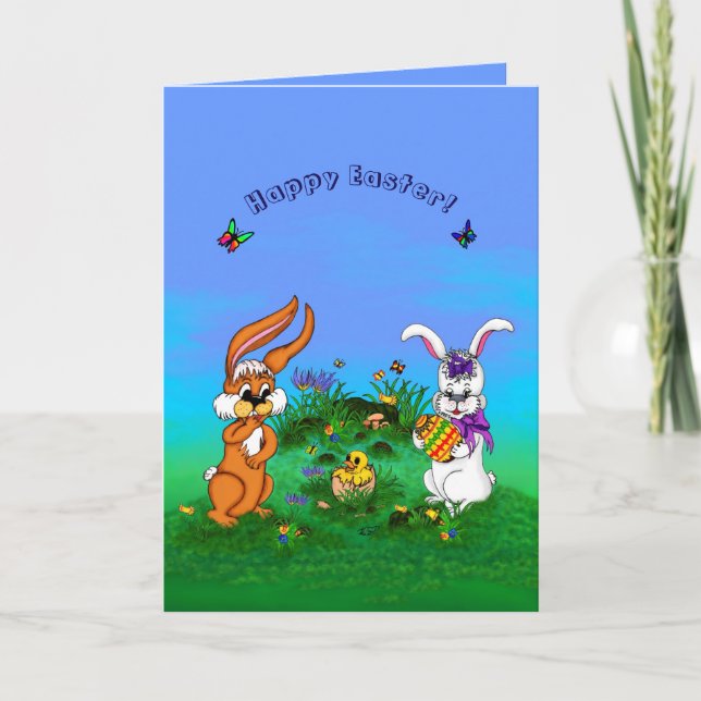 Happy Easter! Rabbit with Bunny and Chick Holiday Card (Front)
