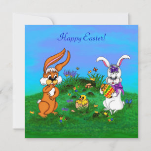 Happy Easter! Rabbit with Bunny and Chick Holiday Card
