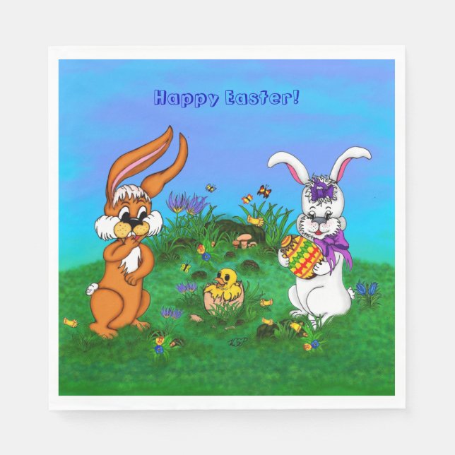 Happy Easter! Rabbit with Bunny and Chick Napkin (Front)