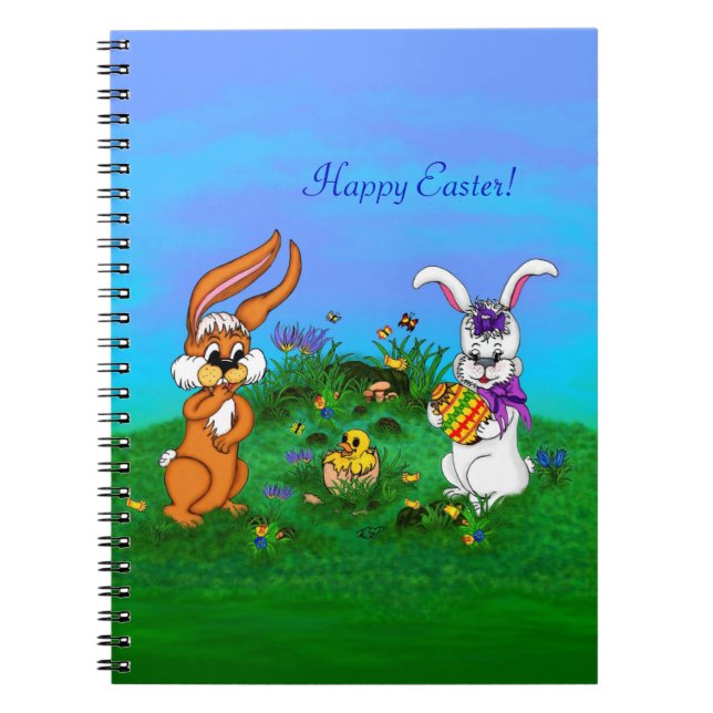 Happy Easter! Rabbit with Bunny and Chick Notebook (Front)