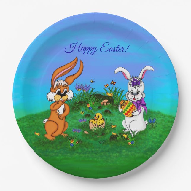 Happy Easter! Rabbit with Bunny and Chick Paper Plate (Front)