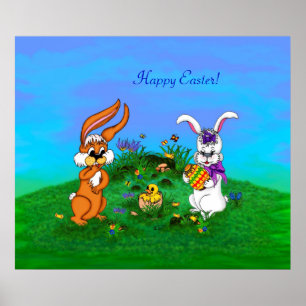 Happy Easter! Rabbit with Bunny and Chick Poster
