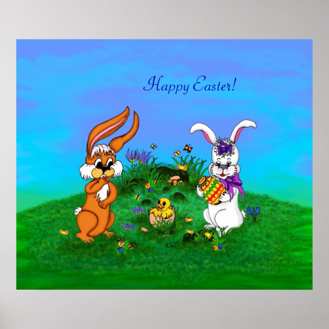 Happy Easter! Rabbit with Bunny and Chick Poster (Front)