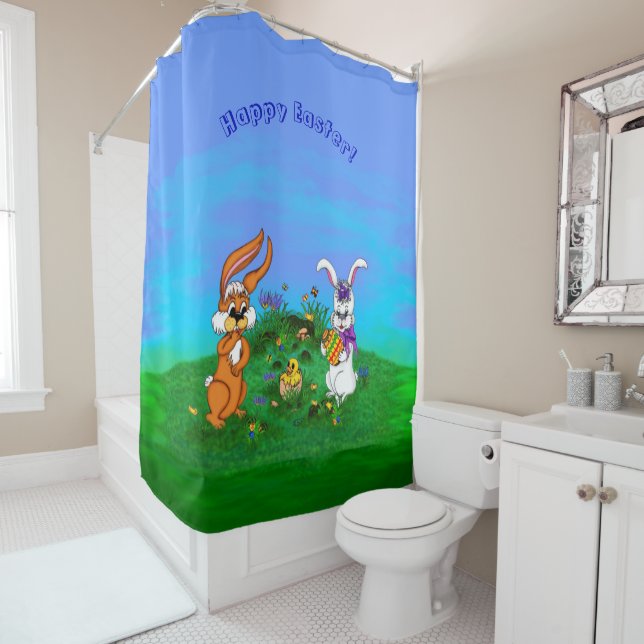 Happy Easter! Rabbit with Bunny and Chick Shower Curtain (In Situ)