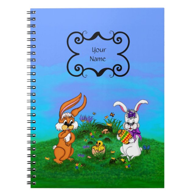 Happy Easter! Rabbit with Bunny and Chick Spiral Notebook (Front)