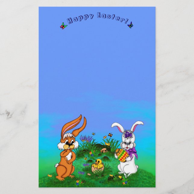 Happy Easter! Rabbit with Bunny and Chick Stationery (Front)