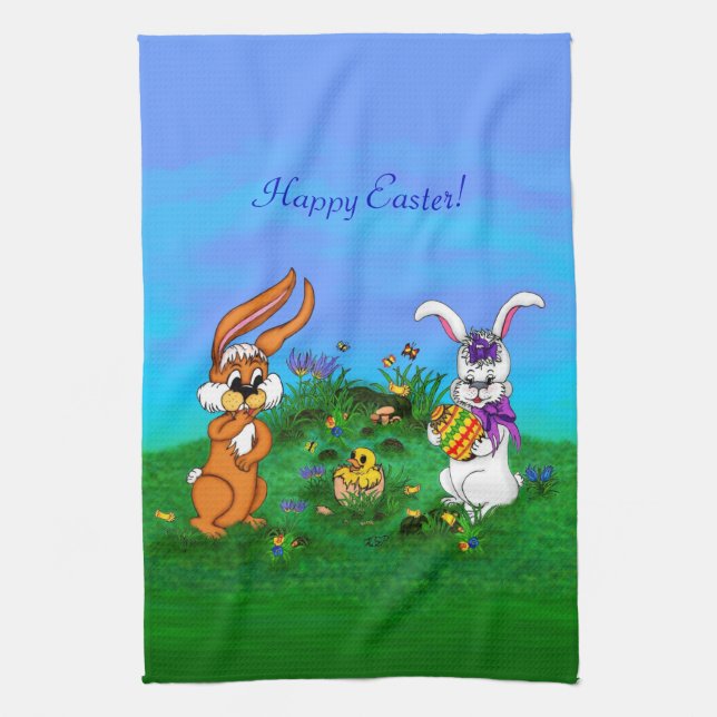 Happy Easter! Rabbit with Bunny and Chick Tea Towel (Vertical)