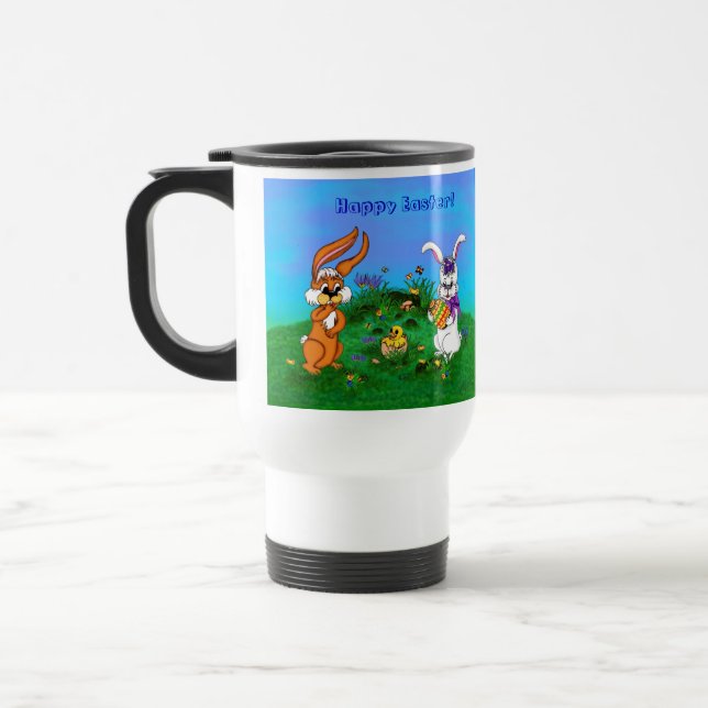 Happy Easter! Rabbit with Bunny and Chick Travel Mug (Left)
