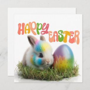 Happy Easter   Rabbit with colourful egg Card