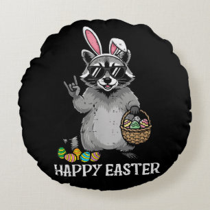 Happy Easter Racoon Bunny Round Cushion