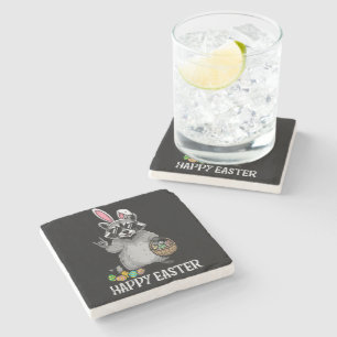 Happy Easter Racoon Bunny Stone Coaster